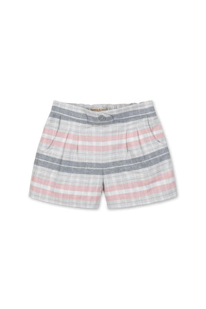 Light gray and pink plaid shorts made from soft organic cotton flannel feature a faux button front, side pockets, and pleating, designed for girls aged 2T to 12.