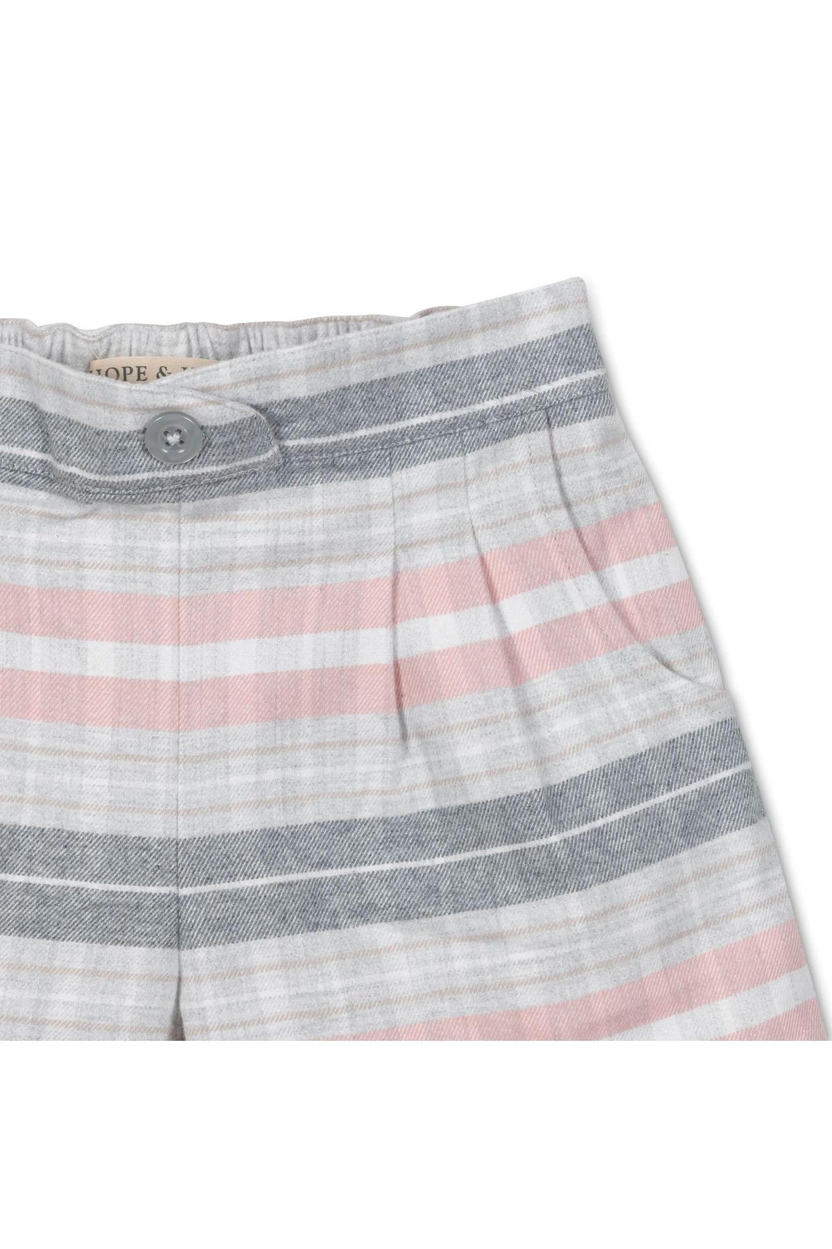 Close-up of Hope & Henry plaid shorts featuring soft organic cotton flannel in pastel pink, gray, and white stripes. The shorts showcase a faux button front and pleated design.