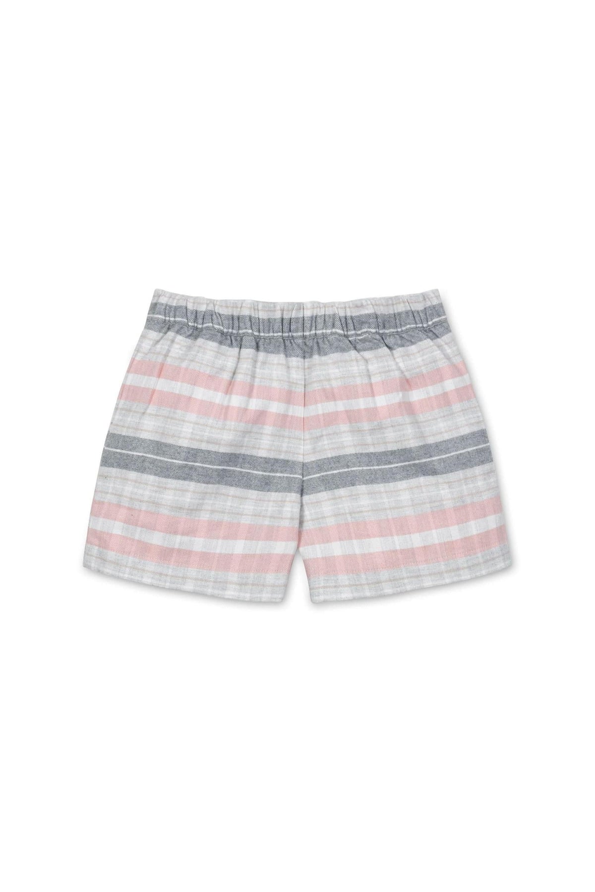 Organic cotton flannel shorts for girls in a soft plaid pattern featuring shades of pink, gray, and white. The elastic waistband ensures comfort, making them ideal for casual wear.