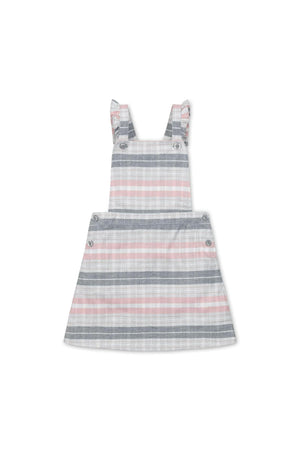 Gray and rose plaid overall skirt featuring ruffle straps and adjustable button closures. Made from organic cotton, this A-line dress is perfect for toddlers and kids.