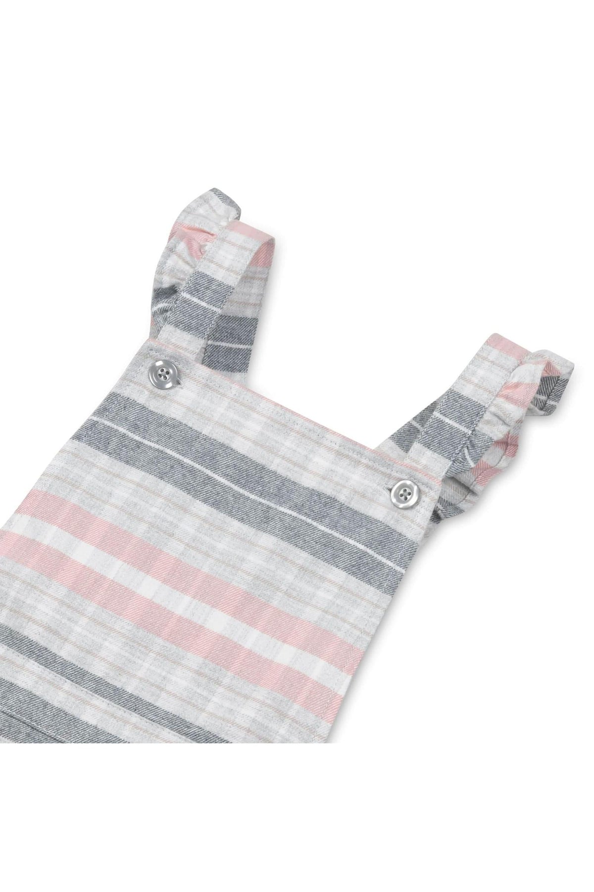 Gray and rose plaid overall skirt featuring ruffle straps and adjustable button closures. Made from organic cotton, this stylish piece is perfect for toddlers and kids.
