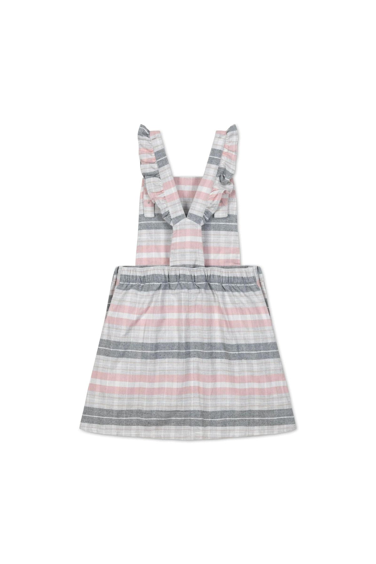 Gray and rose plaid overall skirt with ruffle straps and an A-line silhouette. Made from organic cotton, this stylish piece is perfect for toddlers and kids.