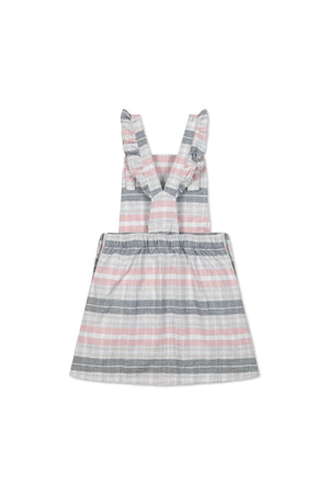 Gray and rose plaid overall skirt with ruffle straps and an A-line silhouette. Made from organic cotton, this stylish piece is perfect for toddlers and kids.
