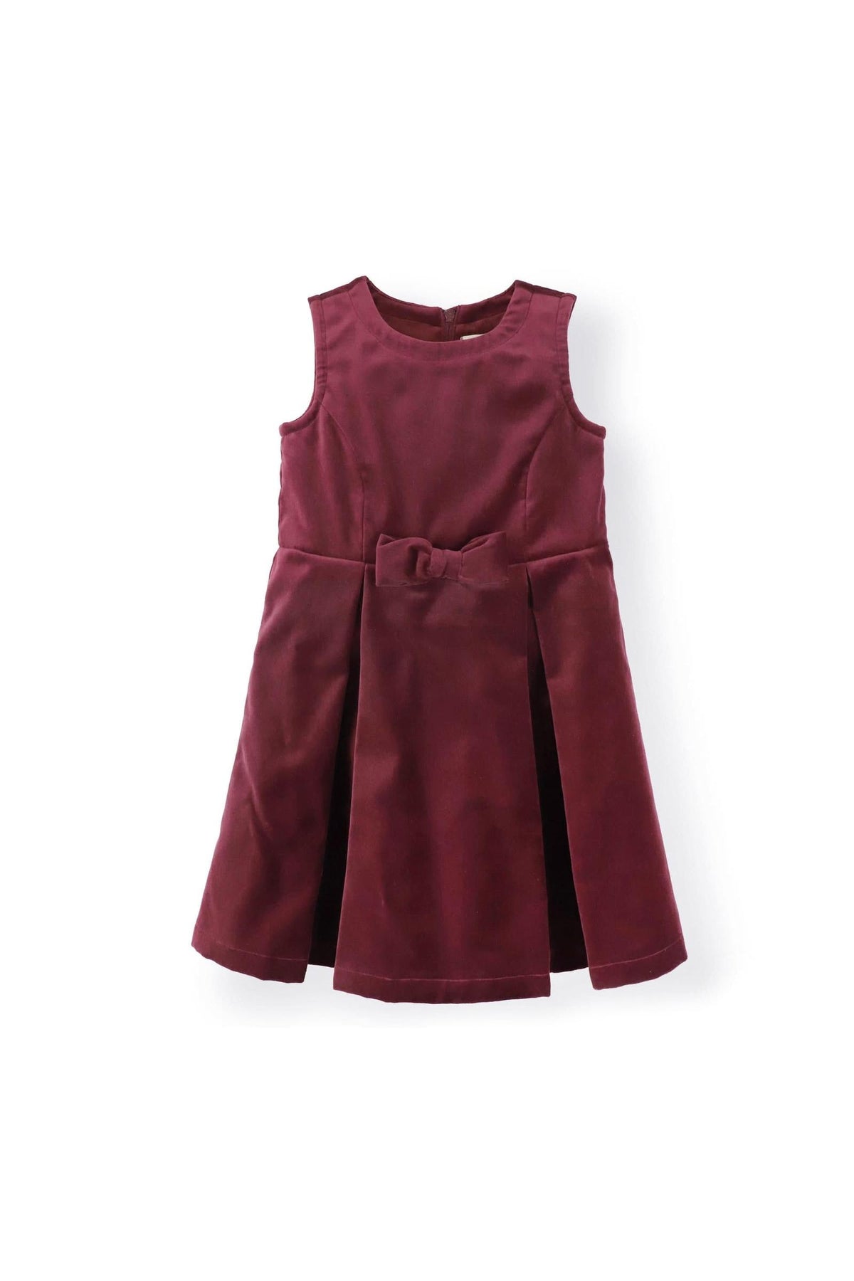 Wine red cotton jumper dress featuring a front bow detail and pleated skirt, suitable for toddlers and kids.