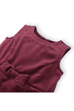 Wine red cotton jumper dress featuring a bow front detail and a smooth round neckline, perfect for toddlers and kids.