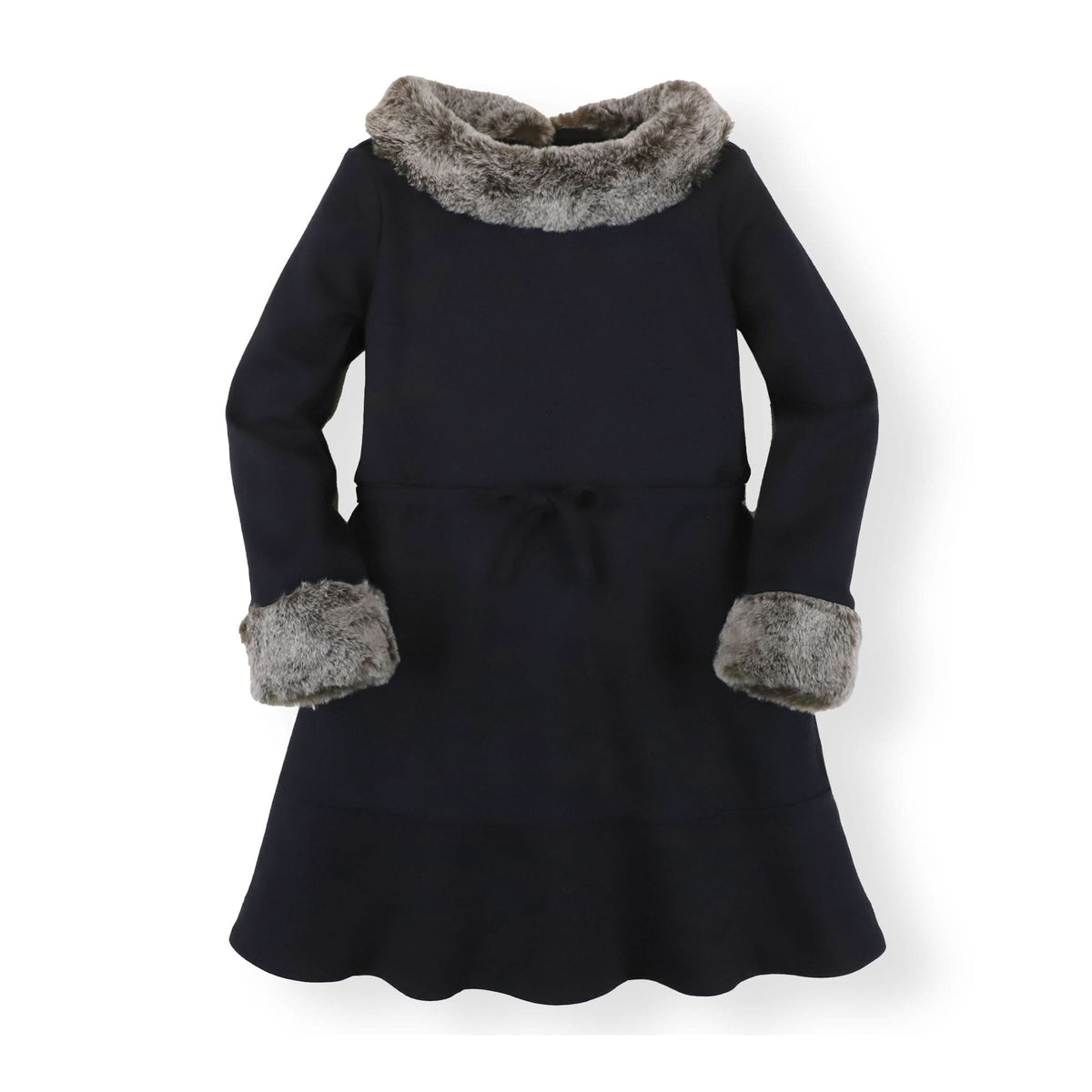 Organic Cotton Long Sleeve Ponte Baby Dress with Faux Fur, Black