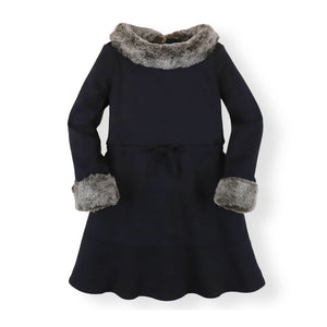 Organic Cotton Long Sleeve Ponte Baby Dress with Faux Fur, Black