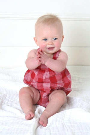 Hope & Henry Organic Cotton Seersucker Bubble Romper, Red Pencil Check, Baby