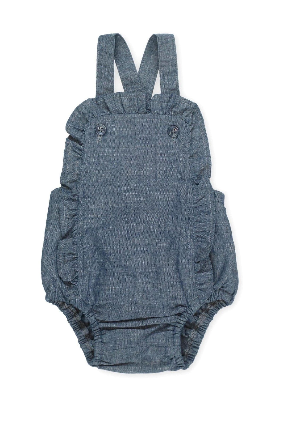 Blue chambray ruffle sunsuit for girls, featuring adjustable straps and a bubble silhouette, crafted from soft organic cotton.