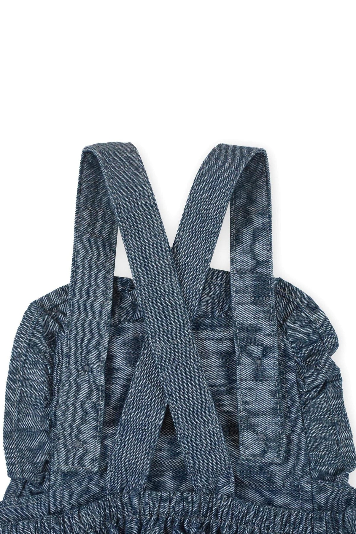 Close-up of blue chambray straps with ruffle detailing, showcasing soft organic cotton material for a baby girls sunsuit.