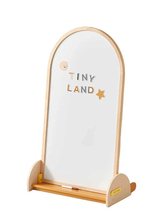 A double-sided arched magnet chalkboard with a wooden frame features a whiteboard side displaying the text TINY LAND in colorful letters. Ideal for creative play and learning activities.
