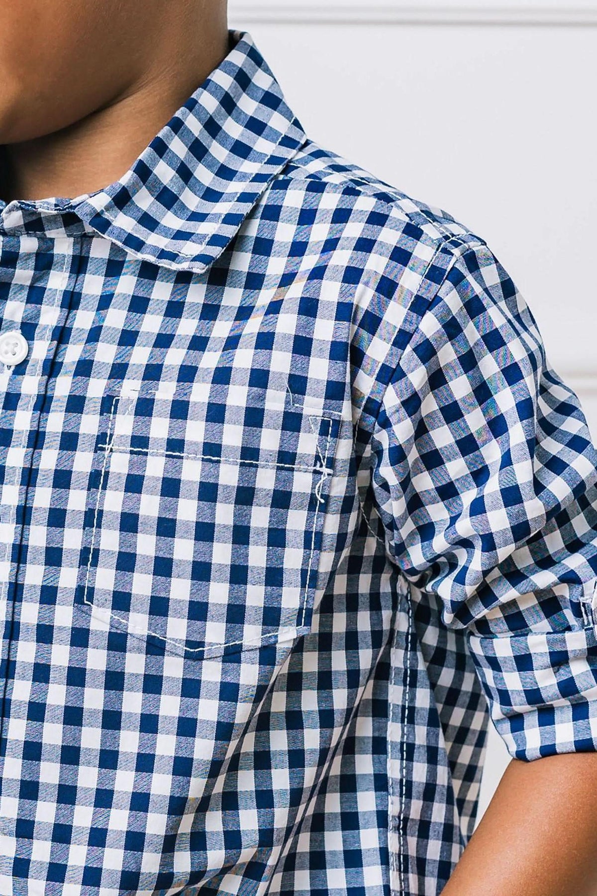 Hope & Henry Organic Cotton Stretch Poplin Roll-Up Shirt for Babies, Navy Gingham