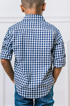 Hope & Henry Organic Cotton Stretch Poplin Roll-Up Shirt for Babies, Navy Gingham