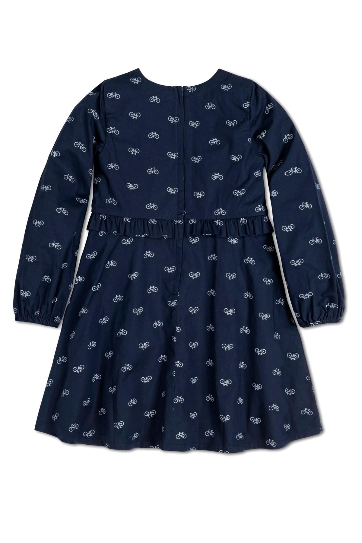 Navy dress featuring a bicycle print, long sleeves, and a ruffle waist detail, made from soft organic cotton.