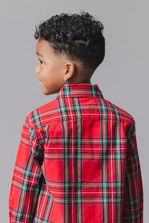Organic Cotton Stretch Poplin Shirt, Red Holiday Tartan, Sizes 2T-18, Family Matching