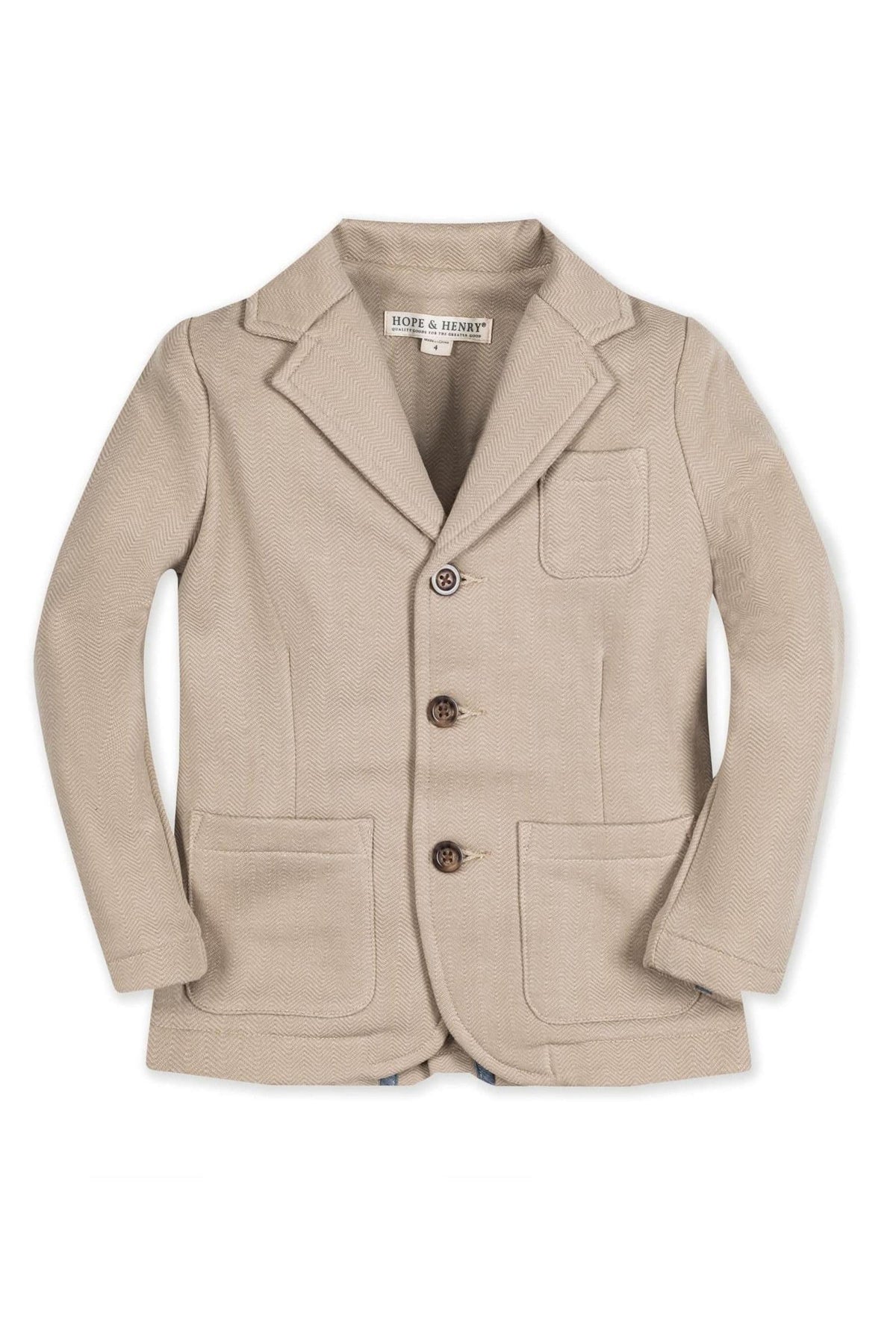 Taupe cotton fleece blazer from Hope & Henry, featuring a herringbone pattern, faux horn buttons, and front patch pockets.