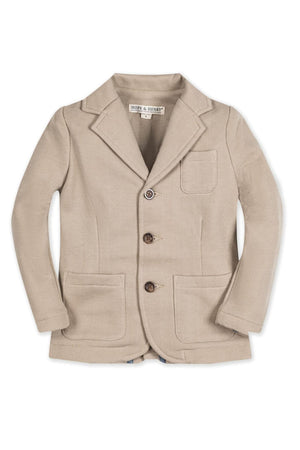 Taupe cotton fleece blazer from Hope & Henry, featuring a herringbone pattern, faux horn buttons, and front patch pockets.