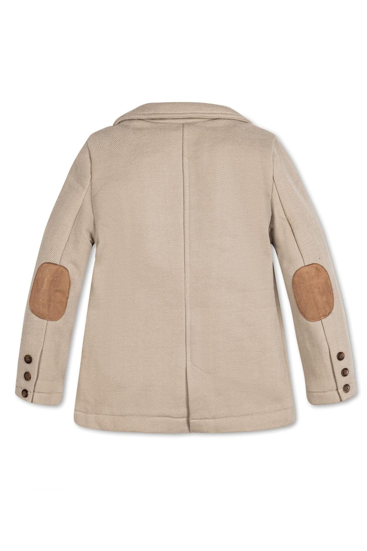 Back view of a taupe cotton fleece blazer for boys, featuring faux suede elbow patches and buttoned cuffs.