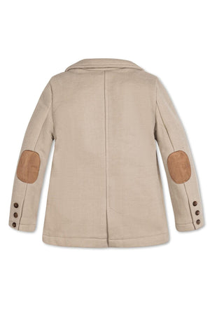 Back view of a taupe cotton fleece blazer for boys, featuring faux suede elbow patches and buttoned cuffs.