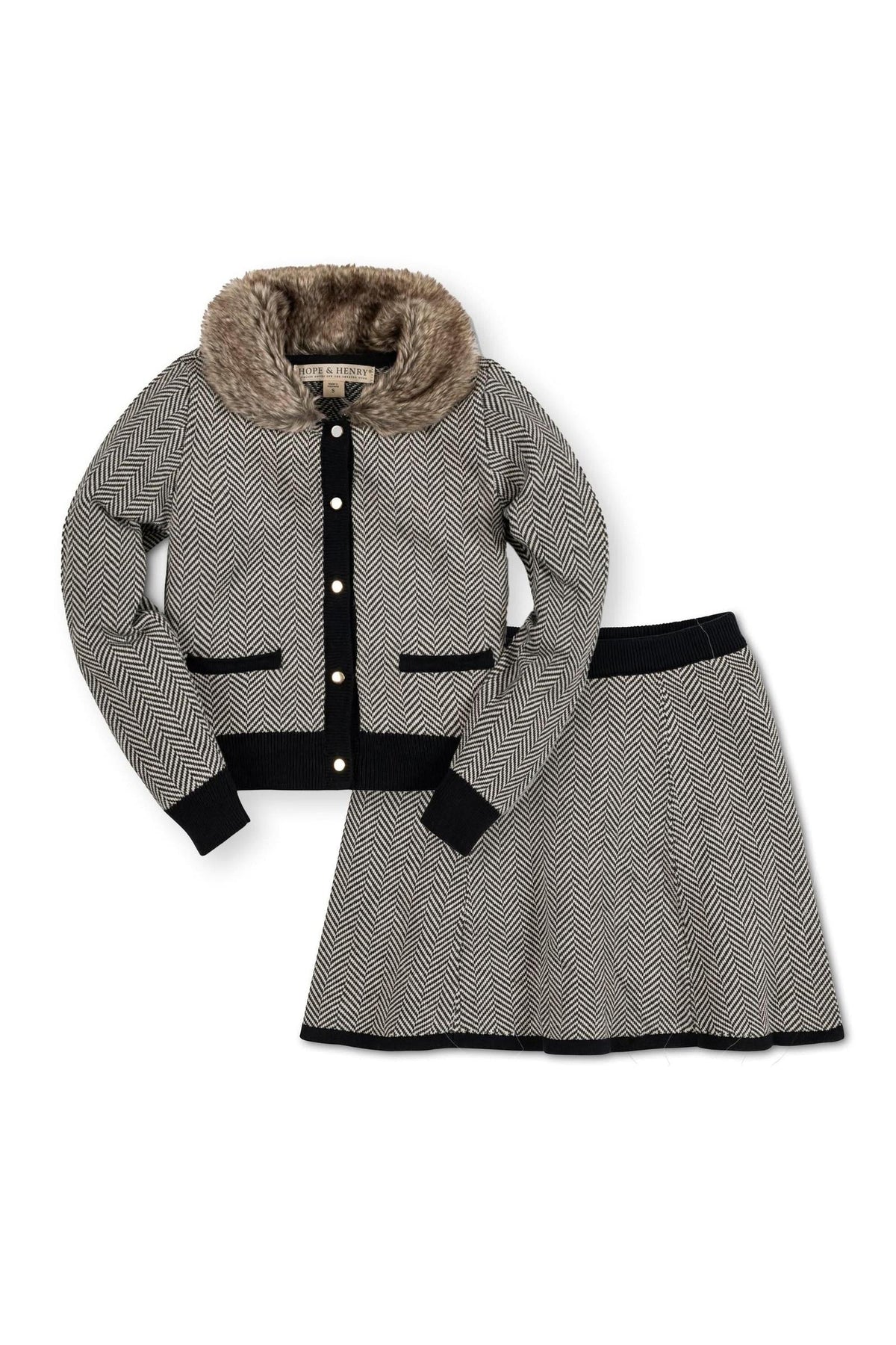 Hope & Henry herringbone cardigan and skirt set with faux fur collar and gold buttons, in charcoal and black.