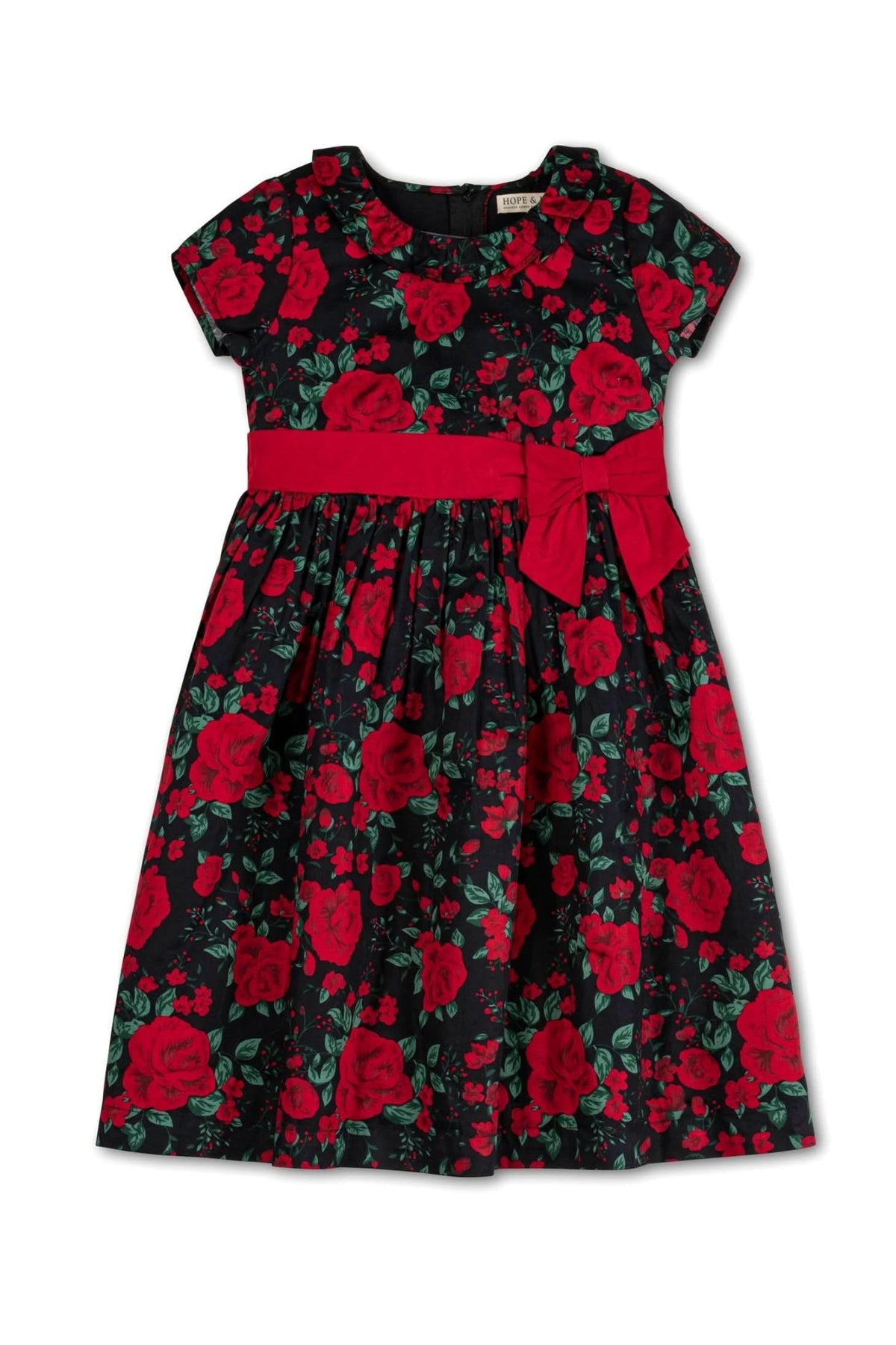 A black party dress for baby girls features vibrant red roses and green foliage. It has a ruffle collar, cap sleeves, and a matching waist sash with a bow.