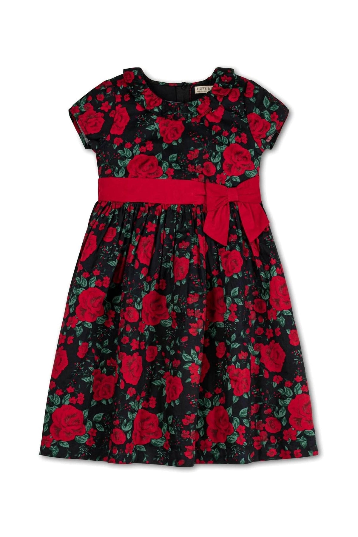 A black dress featuring vibrant red roses, designed with a ruffle collar, cap sleeves, and a red waist sash with a bow.