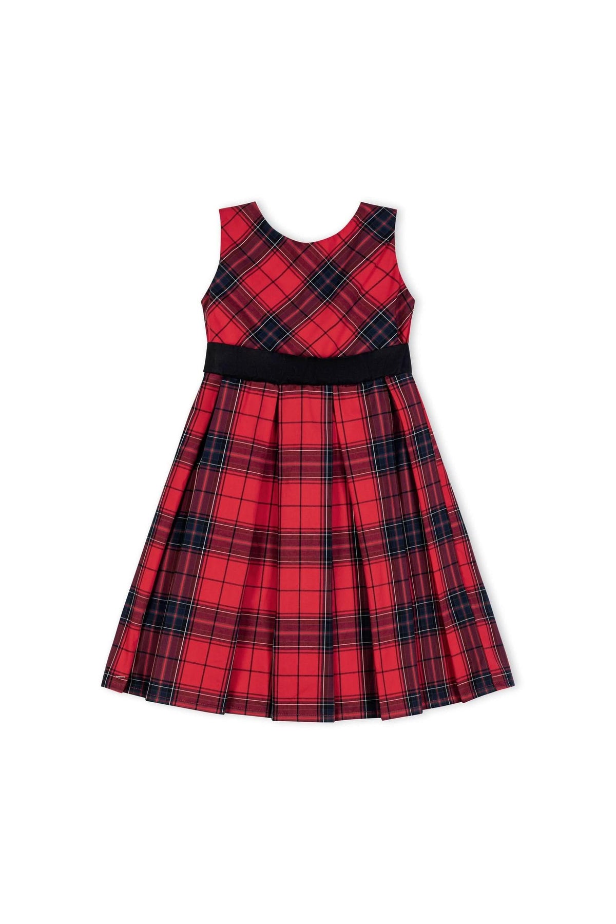 A red holiday plaid sleeveless dress features a fitted bodice, pleated skirt, and a black waistband, ideal for festive occasions.