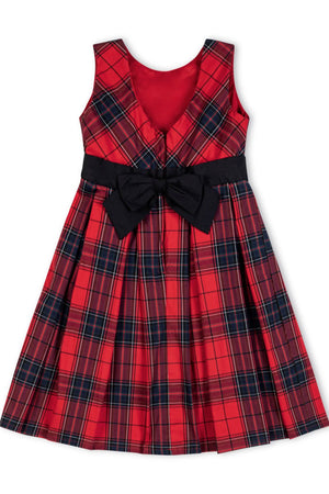 A vibrant red tartan dress featuring a fitted bodice, pleated A-line skirt, and a black waist sash with a bow.