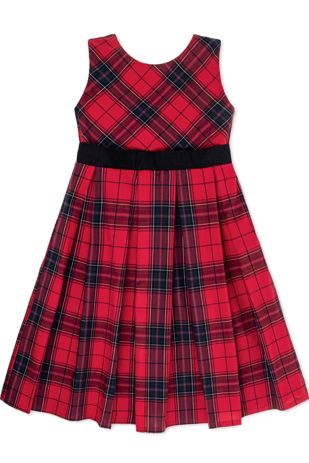 A vibrant red tartan pleated dress features a fitted bodice and an A-line skirt, accented with a black waist sash.