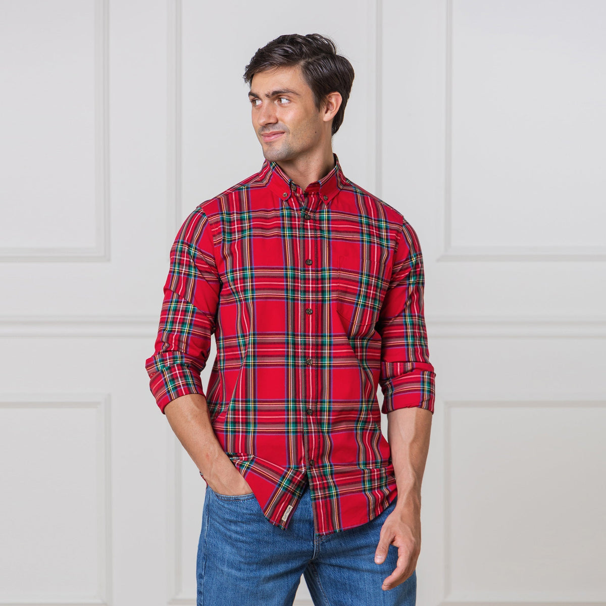 Organic Cotton Stretch Poplin Shirt, Red Holiday Tartan, Men, Family Matching