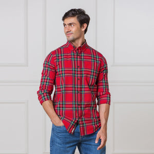 Organic Cotton Stretch Poplin Shirt, Red Holiday Tartan, Men, Family Matching