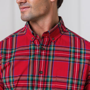 Organic Cotton Stretch Poplin Shirt, Red Holiday Tartan, Men, Family Matching