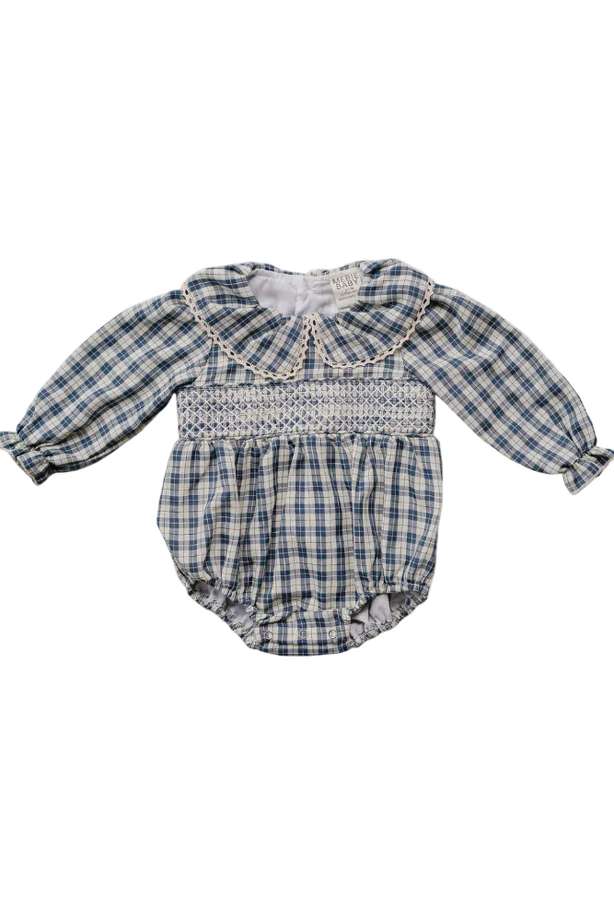 Classic blue plaid romper featuring a ruffle collar and long sleeves, crafted from soft cotton for comfort. Ideal for cooler days, it showcases a charming bubble silhouette for easy movement.
