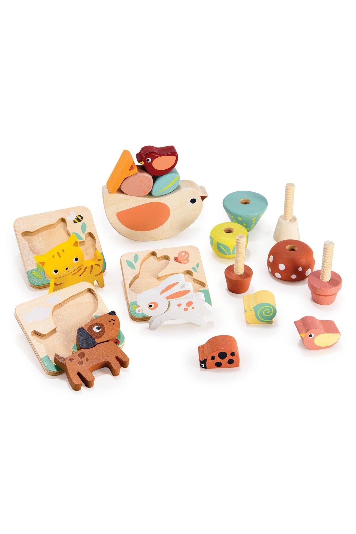 Colorful wooden toy set featuring animals and stacking shapes, designed for toddlers. Eco-friendly, suitable for ages 24 months.