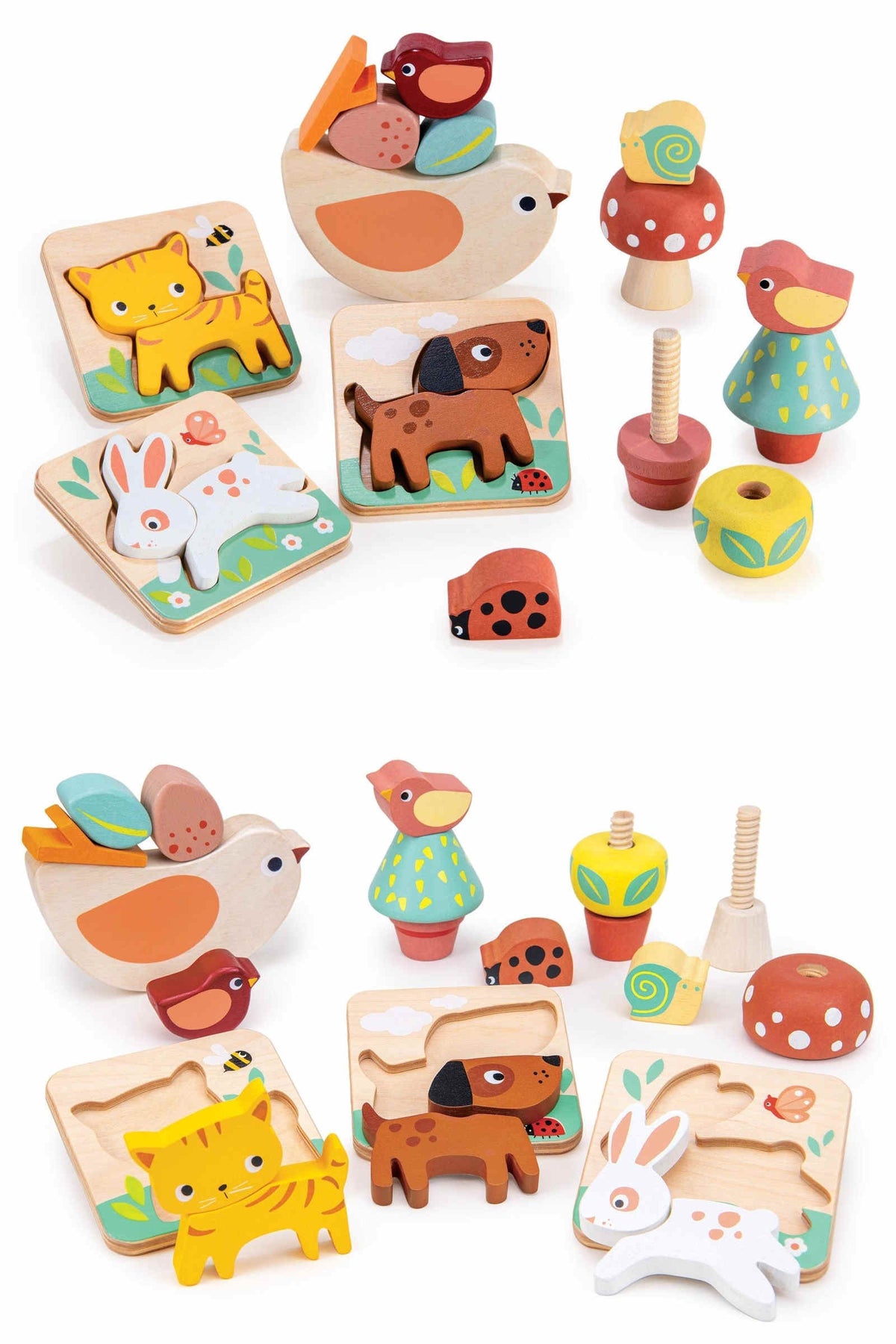 Colorful wooden animal puzzle set featuring a bird, cat, dog, and rabbit, designed for toddlers creative play.