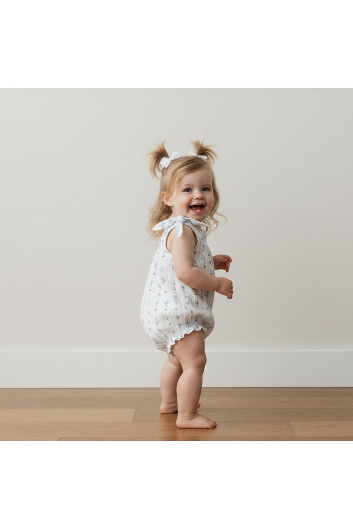 A smiling toddler wearing a blue and white organic cotton bubble romper with tie shoulder straps stands on wooden flooring.