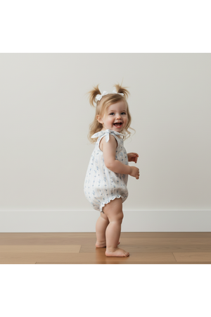 A smiling toddler wearing a blue and white organic cotton bubble romper with tie shoulder straps stands on wooden flooring.