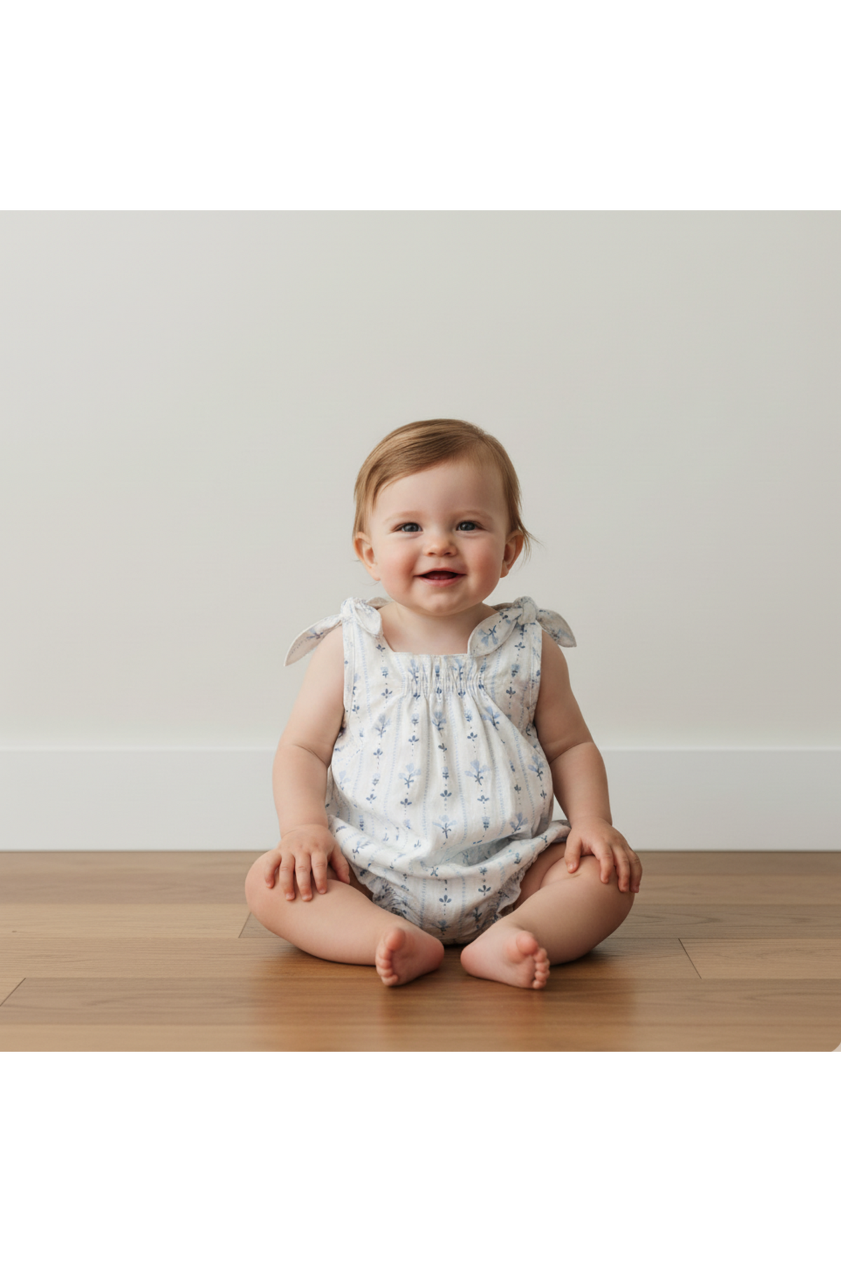 A smiling baby sits on a wooden floor wearing a light blue, organic cotton bubble romper with adjustable tie shoulder straps.