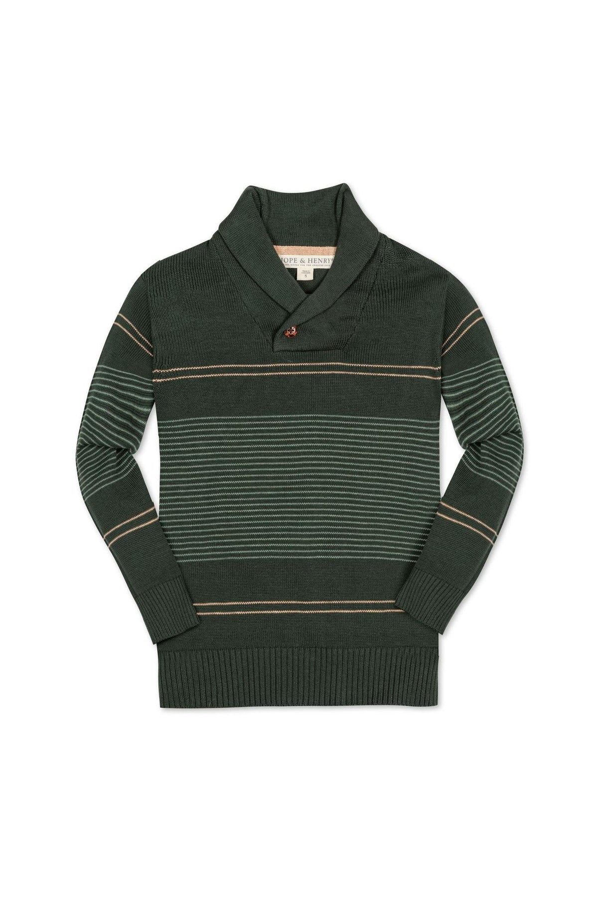A cozy shawl collar sweater in pine green with sage stripes, made from soft organic cotton. Ideal for toddlers and kids, it features a button closure for added style.