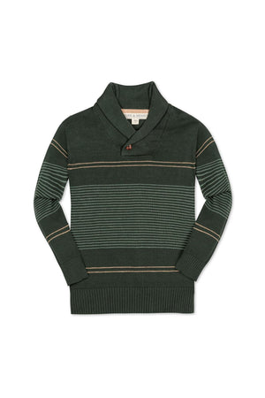 A cozy shawl collar sweater in pine green with sage stripes, made from soft organic cotton. Ideal for toddlers and kids, it features a button closure for added style.