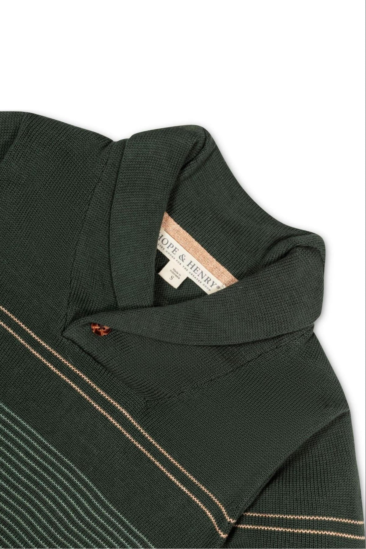 A close-up of the Hope & Henry organic cotton shawl collar sweater features a pine green color with sage stripes and a button closure.