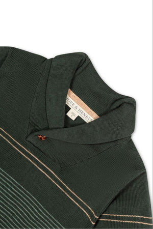 A close-up of the Hope & Henry organic cotton shawl collar sweater features a pine green color with sage stripes and a button closure.