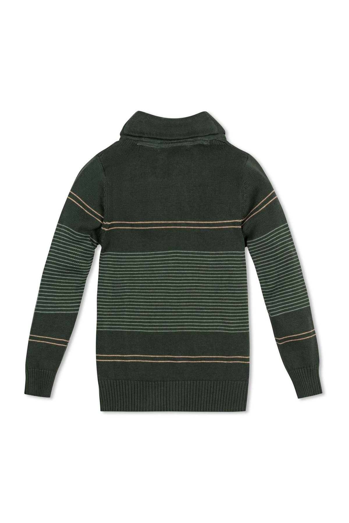 Back view of a shawl collar sweater in pine green with sage stripes, made from soft organic cotton, designed for toddlers and kids, showcasing a cozy and stylish look.
