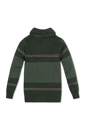Back view of a shawl collar sweater in pine green with sage stripes, made from soft organic cotton, designed for toddlers and kids, showcasing a cozy and stylish look.