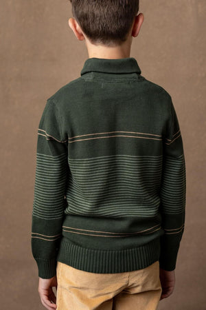 A young boy is seen from the back, wearing a dark green sweater with pine and sage stripes, featuring a shawl collar and a snug fit.