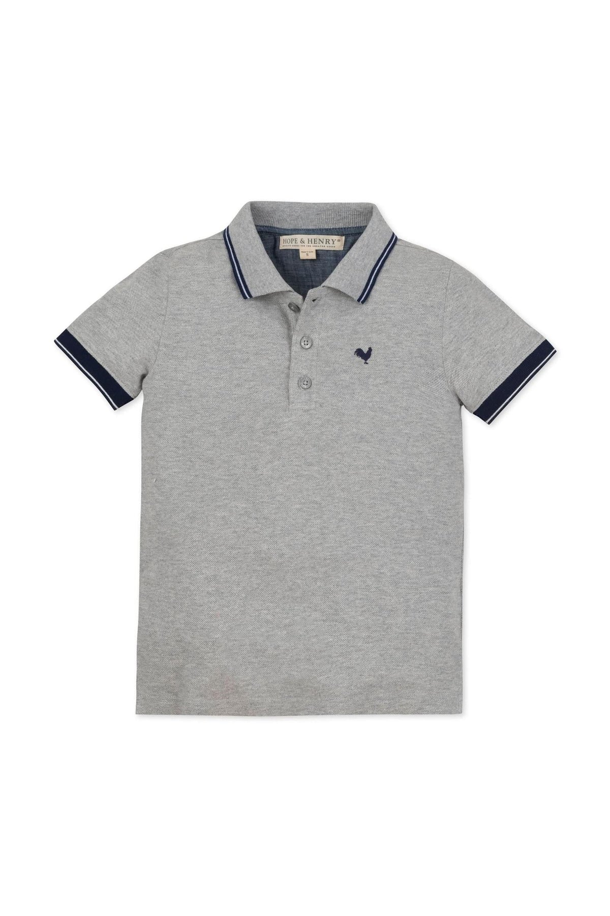 Gray heather polo shirt featuring a flat-knit collar, a front button placket, and contrasting navy stripes on the sleeves. Made from 100% organic cotton, suitable for toddlers and kids.