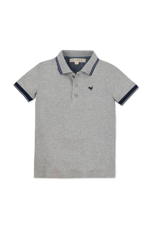 Gray heather polo shirt featuring a flat-knit collar, a front button placket, and contrasting navy stripes on the sleeves. Made from 100% organic cotton, suitable for toddlers and kids.