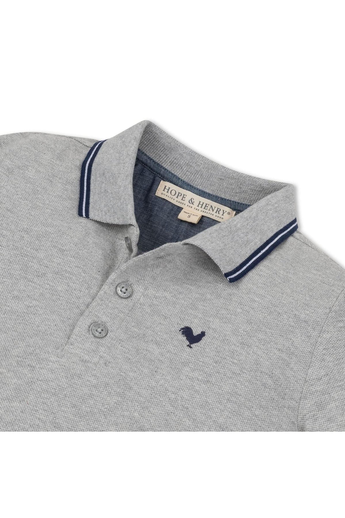 A close-up view of a dark gray heather polo shirt by Hope & Henry, featuring a flat-knit collar with navy stripes, front button placket.