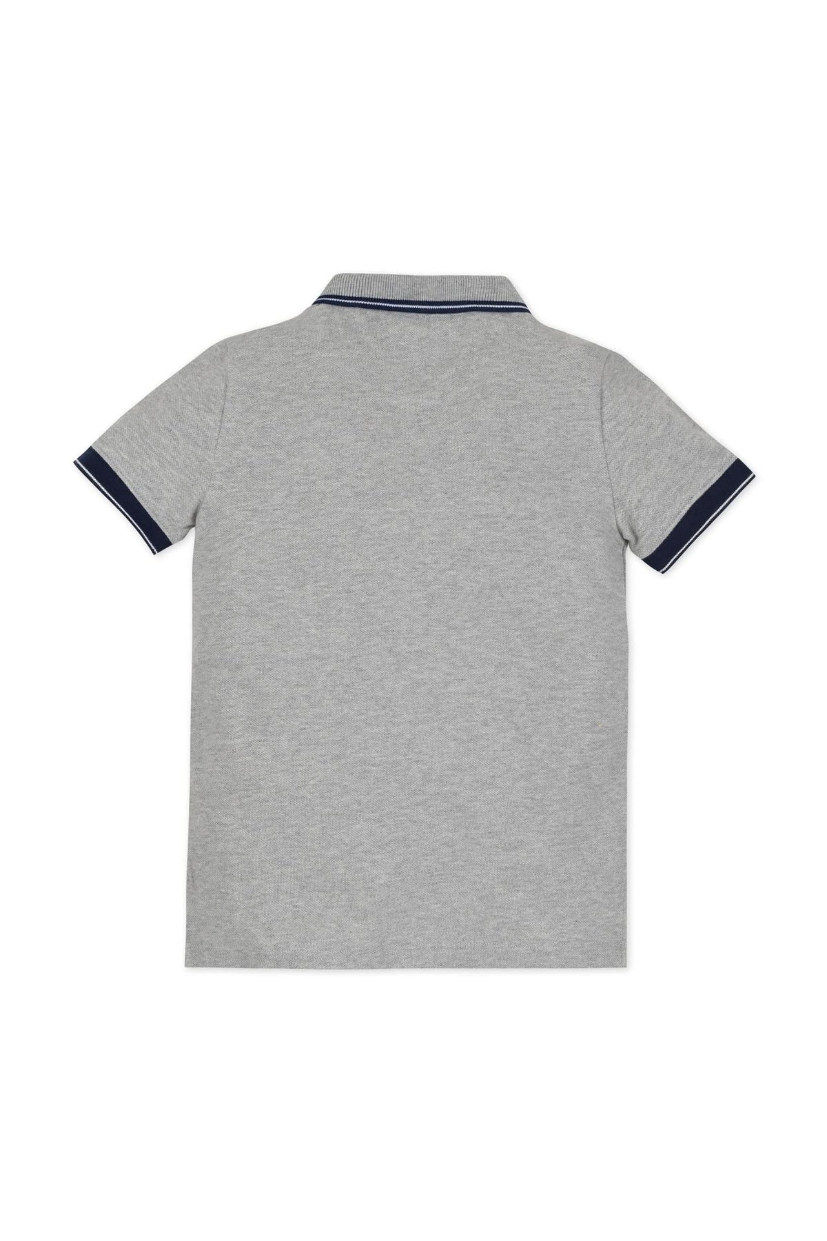 Back view of a dark gray heather polo shirt featuring a flat-knit collar and navy trim on the sleeves, made from 100% organic cotton for toddlers and kids.