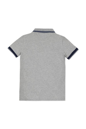 Back view of a dark gray heather polo shirt featuring a flat-knit collar and navy trim on the sleeves, made from 100% organic cotton for toddlers and kids.
